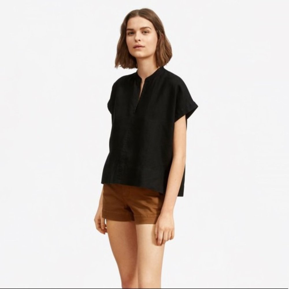 Everlane Linen Split-Neck Top in Black Size 2